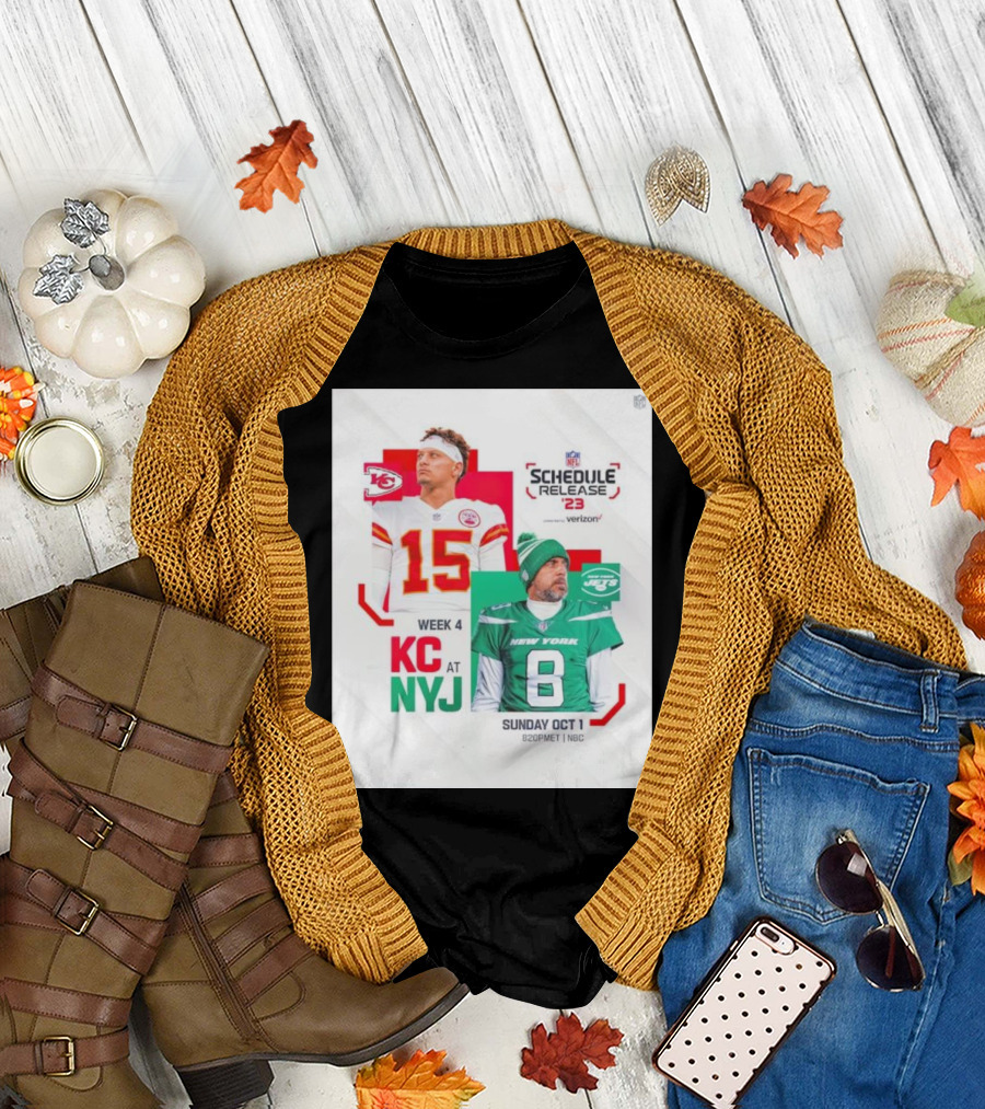 Schedule Release '23 Week 4 KC at NYJ Patrick Mahomes vs Aaron Rodgers Sunday Oct 1 8:20PM ET NBC T-Shirt
