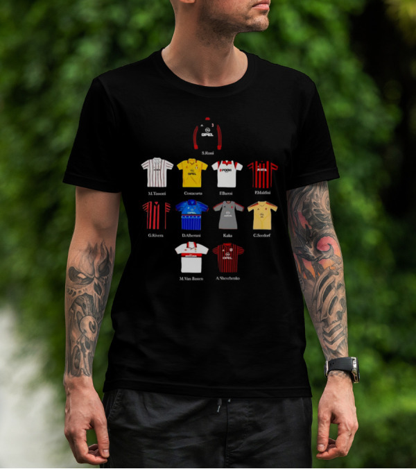 A.C. Milan FC Opel Uniform S. Rossi M. Tassotti A. Costacurta F. Baresi P. Maldini G. Rivera D. Albertini Kaka C. Seedorf M. Van Basten A. Shevchenko T-Shirt