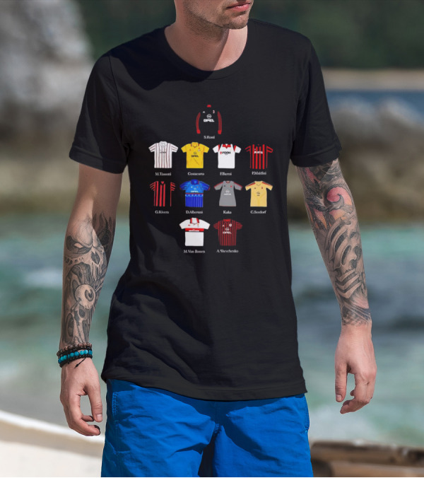 A.C. Milan FC Opel Uniform S. Rossi M. Tassotti A. Costacurta F. Baresi P. Maldini G. Rivera D. Albertini Kaka C. Seedorf M. Van Basten A. Shevchenko T-Shirt