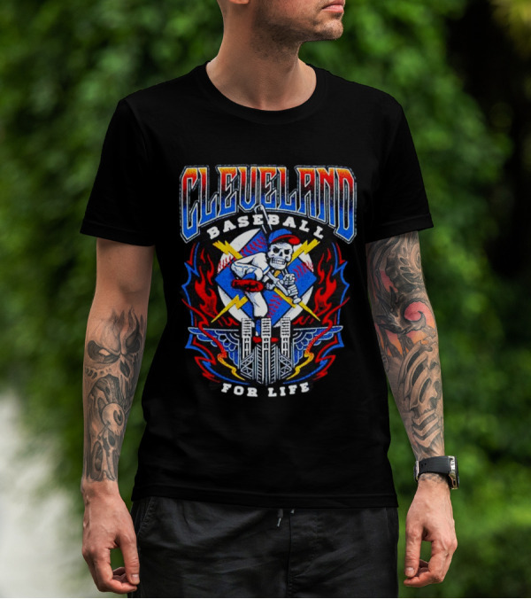 Cleveland Baseball For Life Skeleton Bat Tower Flames T-Shirt