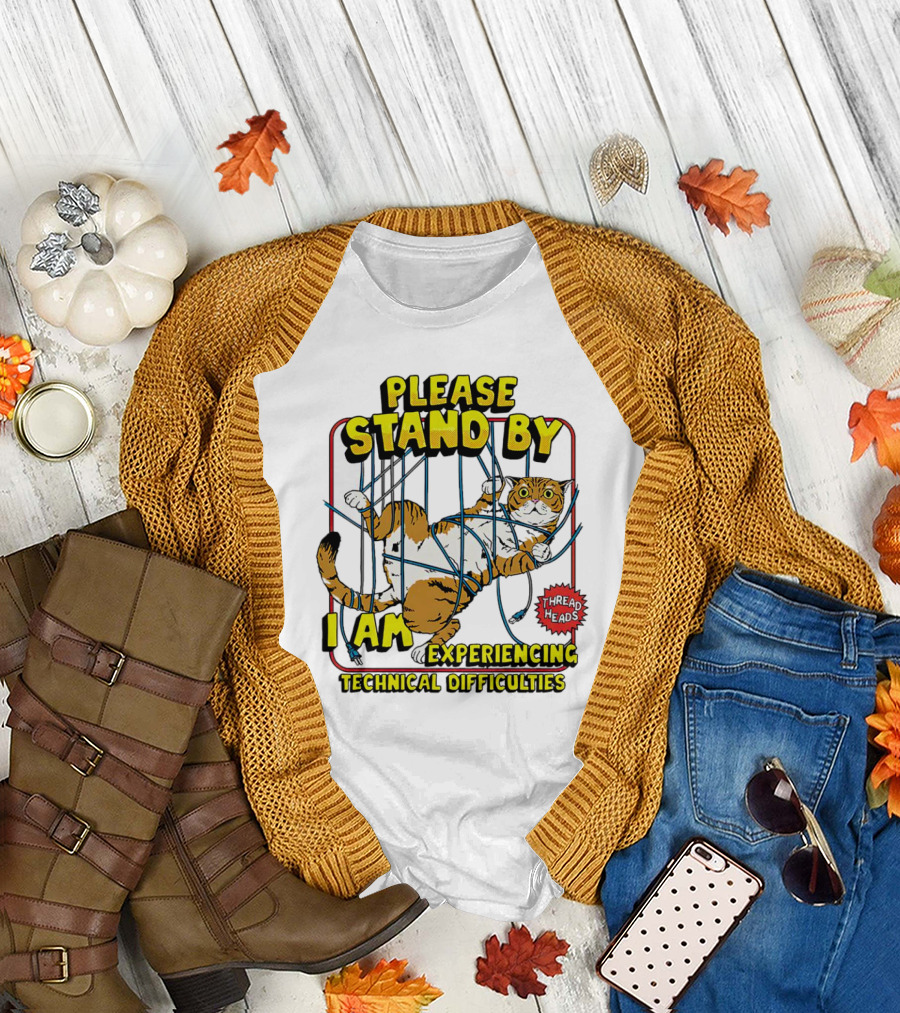 Please Stand By I Am Experiencing Technical Difficulties Cat Tangled in Blue Cords T-Shirt