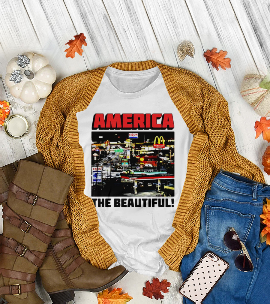 America The Beautiful City Lights Exxon McDonald's Night Scene T-Shirt