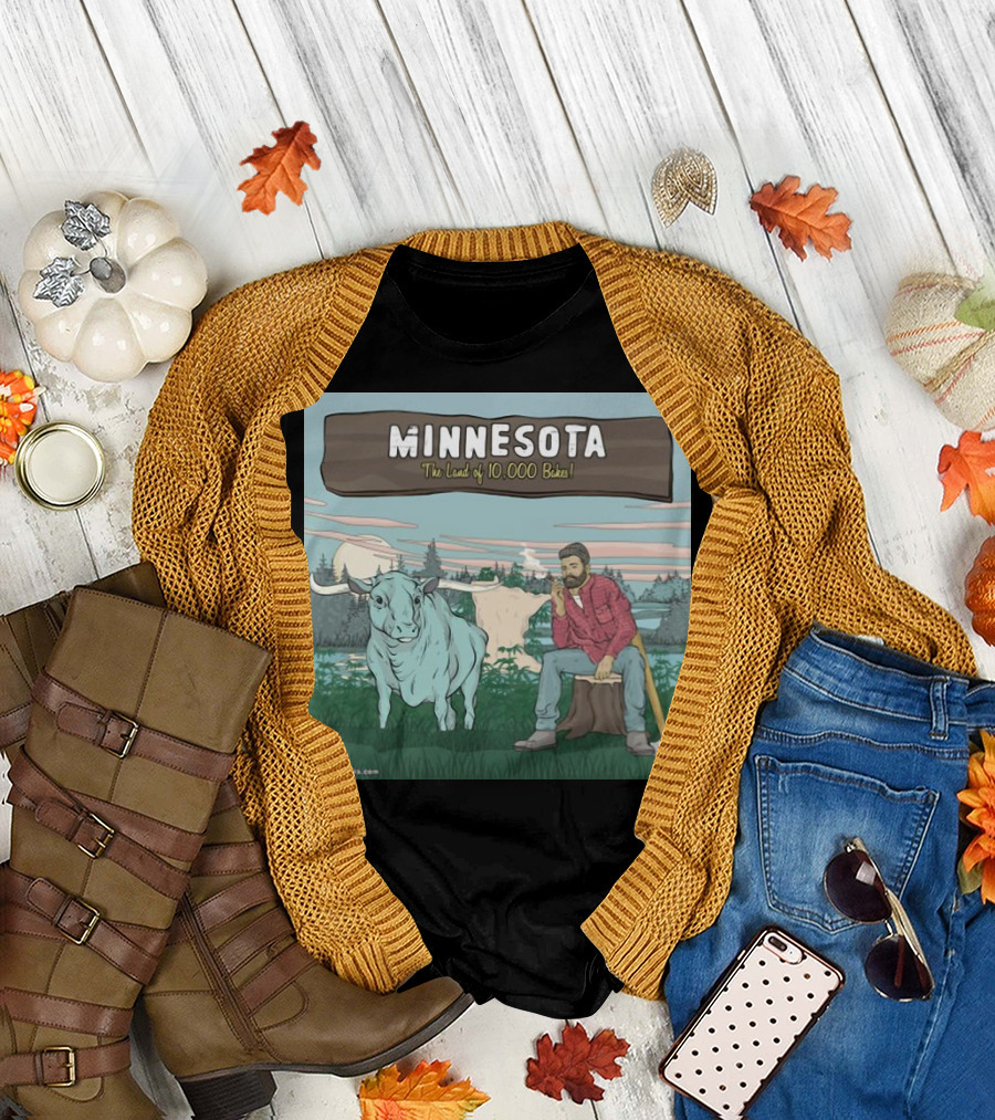 Minnesota The Land of 10,000 Bakes with Blue Ox and Lumberjack in Forest Scene T-Shirt