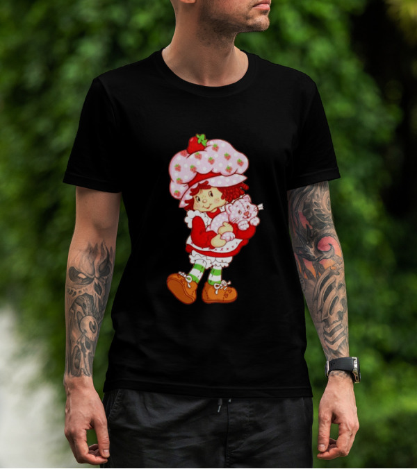 Strawberry Shortcake Holding Cat Retro Character T-Shirt
