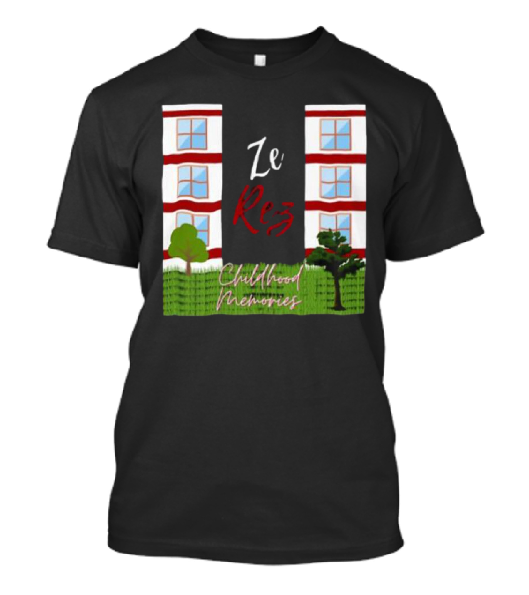 Ze Rez Childhood Memories Red And White Buildings With Trees T-Shirt