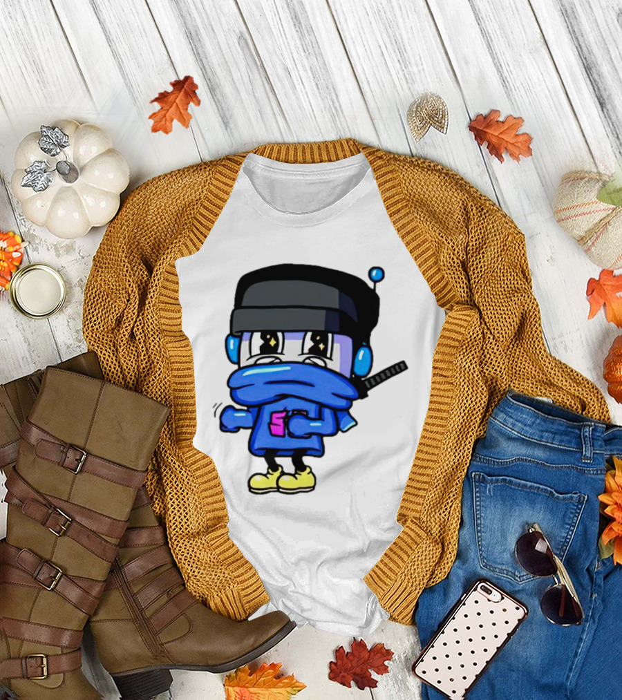 Ctop Simple Chris Cartoon Character with Headphones and Blue Scarf T-Shirt