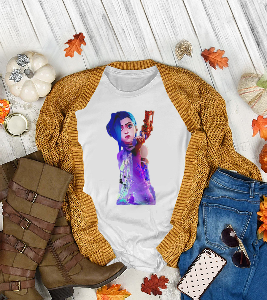 Arcane Jinx League of Legends Character with Blue Hair and Toy Gun T-Shirt