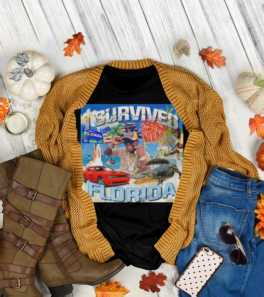 I Survived Florida with Fireworks Alligator Car Beach and Sign T-Shirt