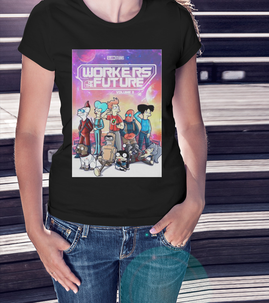 SLURM STUDIOS Workers Of The Future Volume 3 Futurama Characters Retro Futuristic T-Shirt