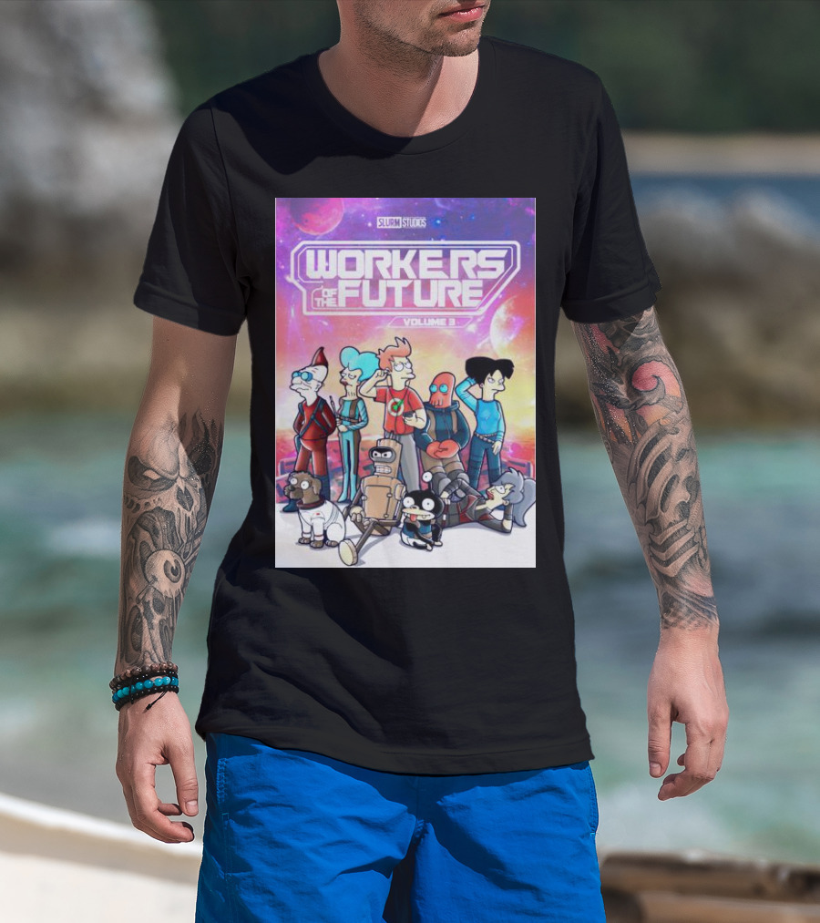 SLURM STUDIOS Workers Of The Future Volume 3 Futurama Characters Retro Futuristic T-Shirt