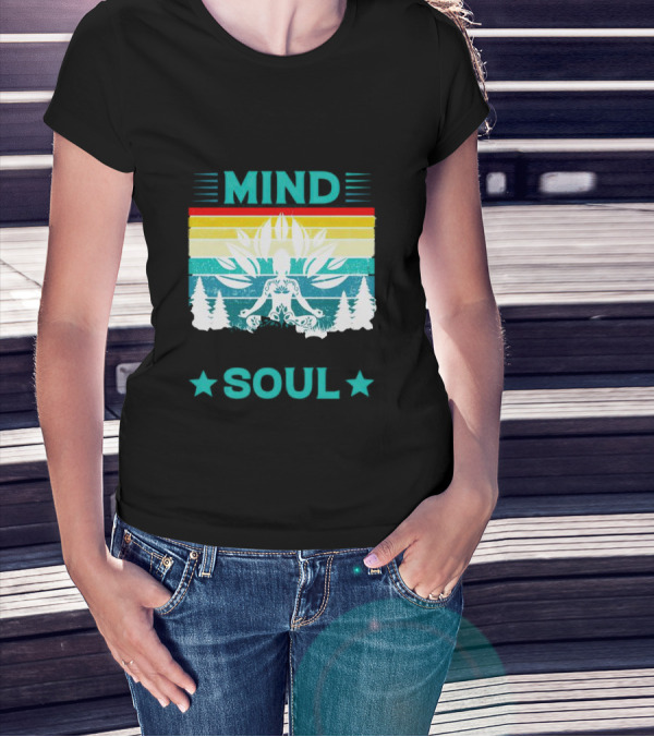 LOST MIND FOUND SOUL MEDITATION WITH LOTUS AND TREES VIBRANT RETRO STRIPES T-Shirt