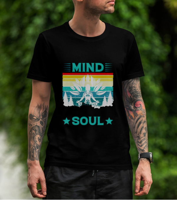 LOST MIND FOUND SOUL MEDITATION WITH LOTUS AND TREES VIBRANT RETRO STRIPES T-Shirt