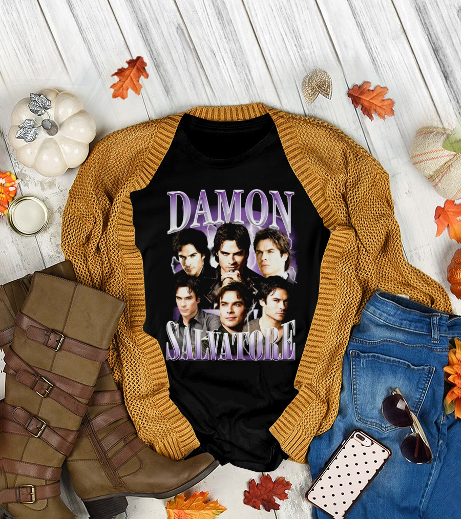 Damon Salvatore Purple Lightning Faces Collage T-Shirt