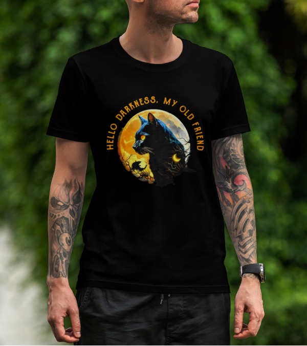 Black Cat Hello Darkness My Old Friend Moon Scene T-Shirt