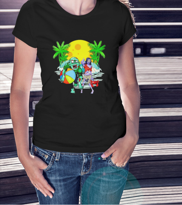 Zombie Beach Party Under Palm Trees With Beach Ball And Surf Waves T-Shirt