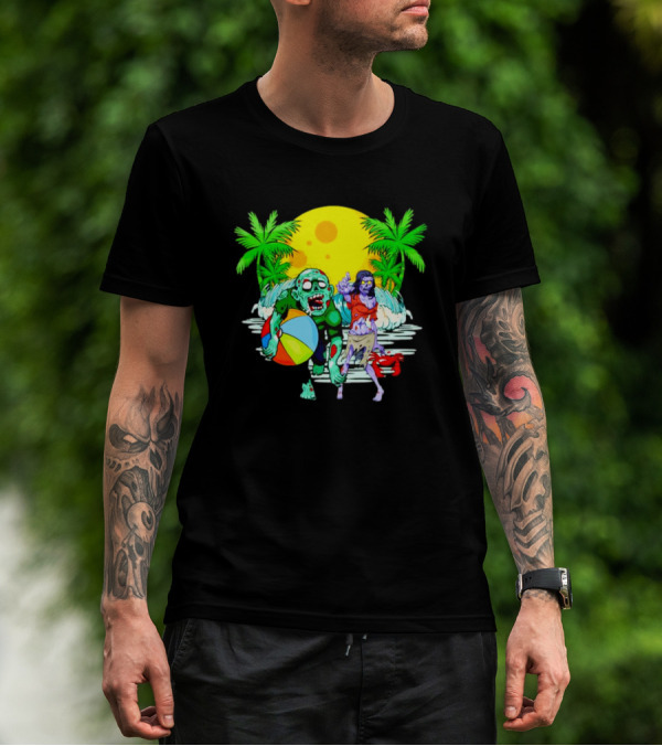 Zombie Beach Party Under Palm Trees With Beach Ball And Surf Waves T-Shirt
