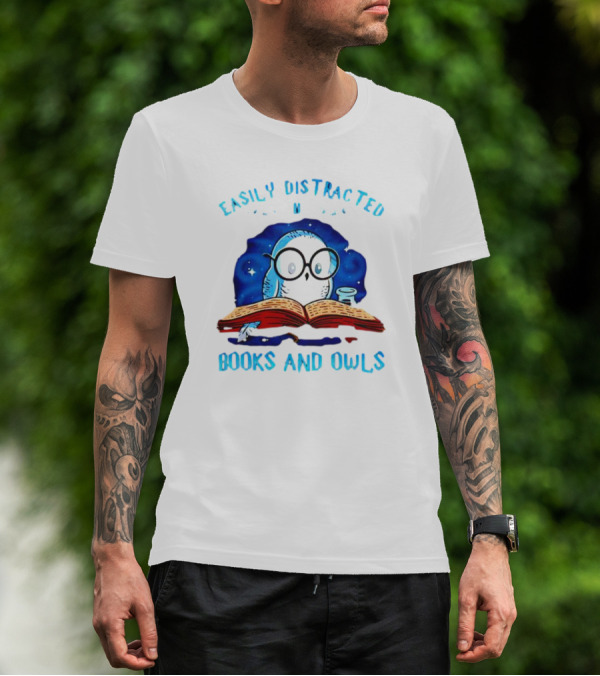 Easily Distracted By Books And Owls With Blue Starry Background And Cute Glasses-Wearing Owl Reading T-Shirt