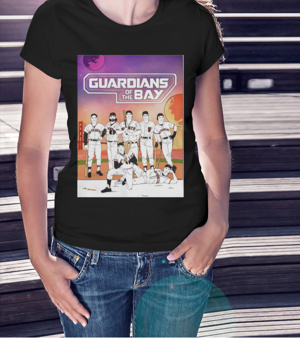 Guardians Of The Bay San Francisco Giants Baseball Players With Golden Gate Bridge And Sunset Background T-Shirt