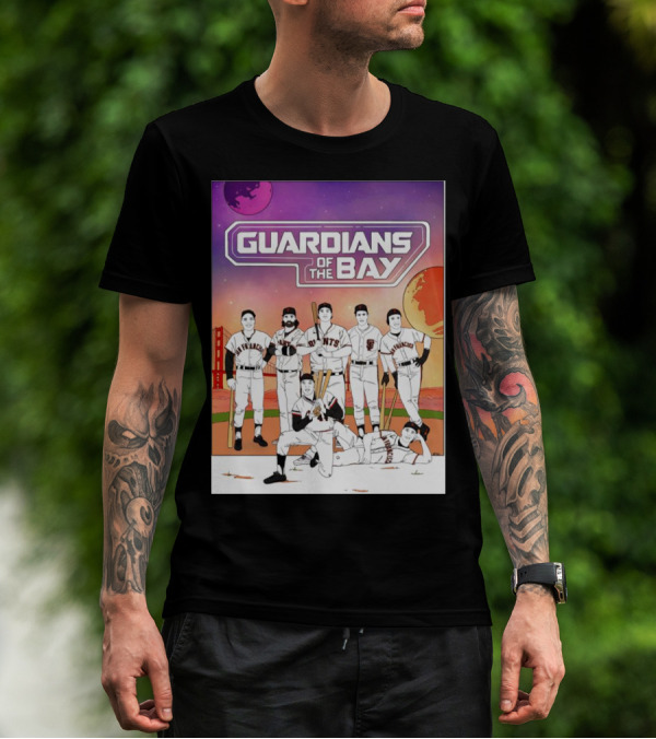 Guardians Of The Bay San Francisco Giants Baseball Players With Golden Gate Bridge And Sunset Background T-Shirt