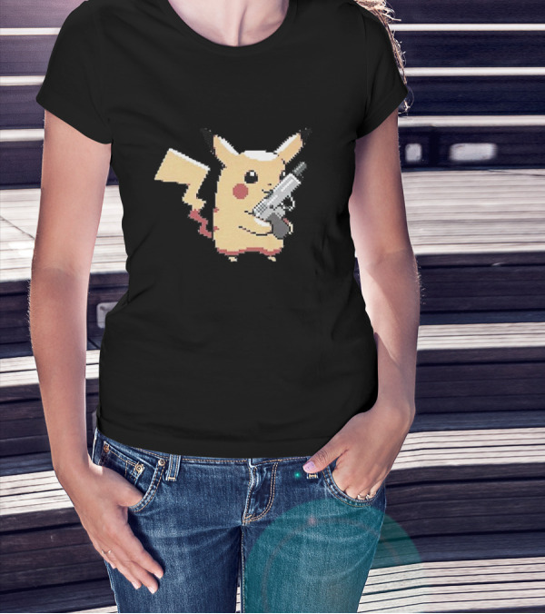 Pikachu Holding Gun Pixel T-Shirt