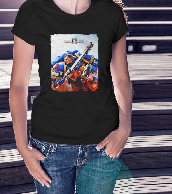 Warhammer 40000 Space Marine 2 Titus Game Art Ultramarine Warrior Battle Scene T-Shirt