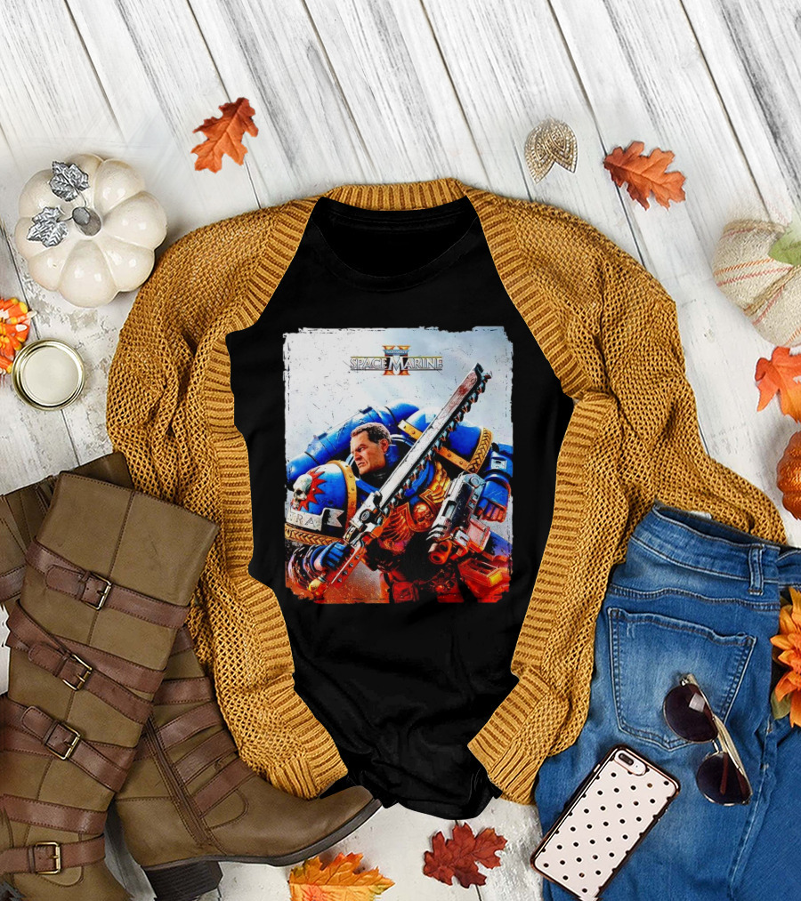 Warhammer 40000 Space Marine 2 Titus Game Art Ultramarine Warrior Battle Scene T-Shirt