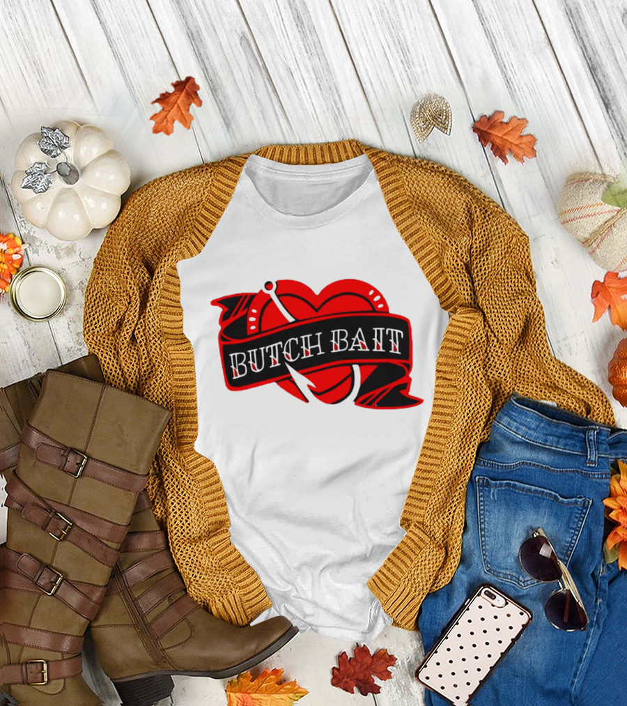 Butch Bait Heart with Fishing Hook Banner T-Shirt