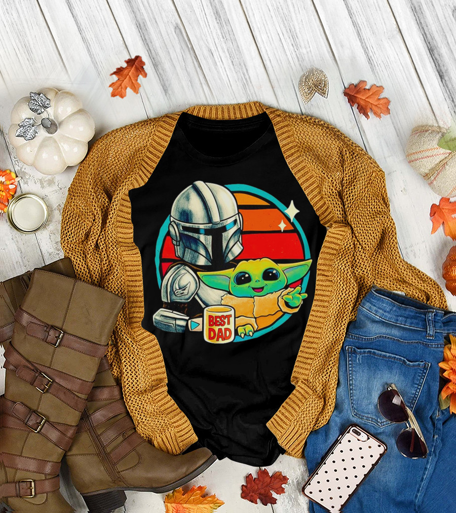 Best Dad Din Djarin with Grogu Vintage Retro Sunset T-Shirt