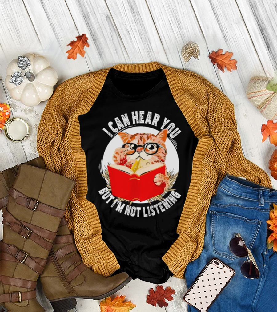 I Can Hear You But I'm Not Listening Funny Cat with Glasses and Book T-Shirt