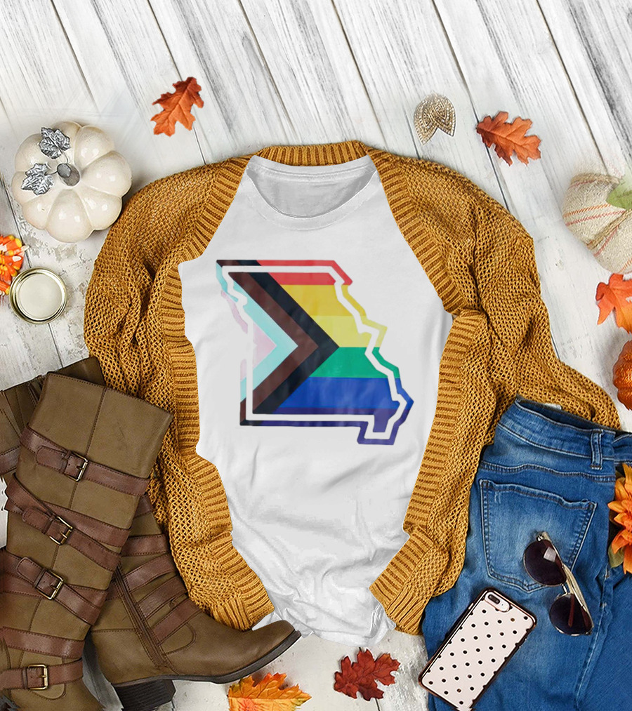 Missouri State Outline with Progress Pride Flag Colors T-Shirt