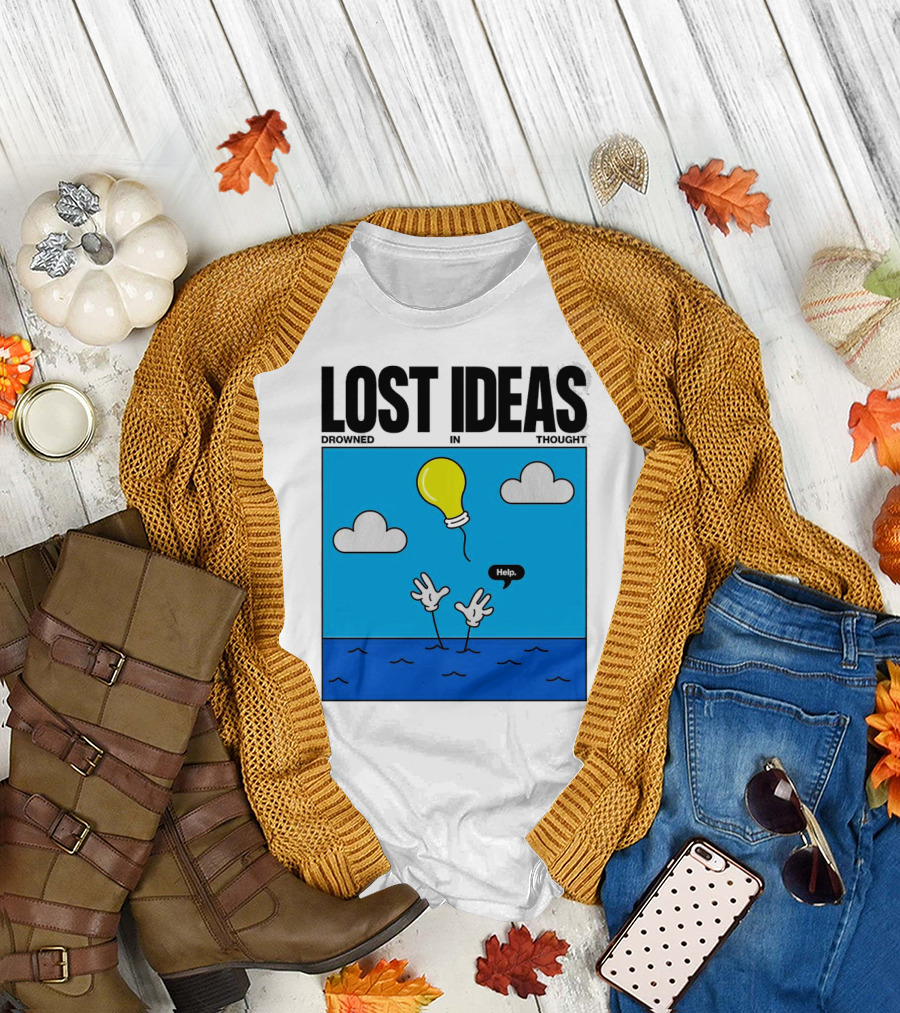 Lost Ideas Drowned in Thought Help Lightbulb Above Water Hands Clouds T-Shirt