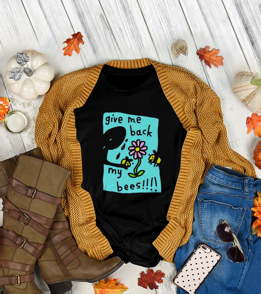 Give Me Back My Bees Hand Holding Flower with Two Bees and Teary Face T-Shirt
