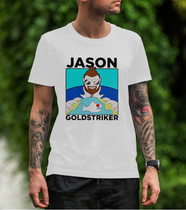 JASON GOLDSTRIKER Bold Character Holding Map With Red Marker T-Shirt