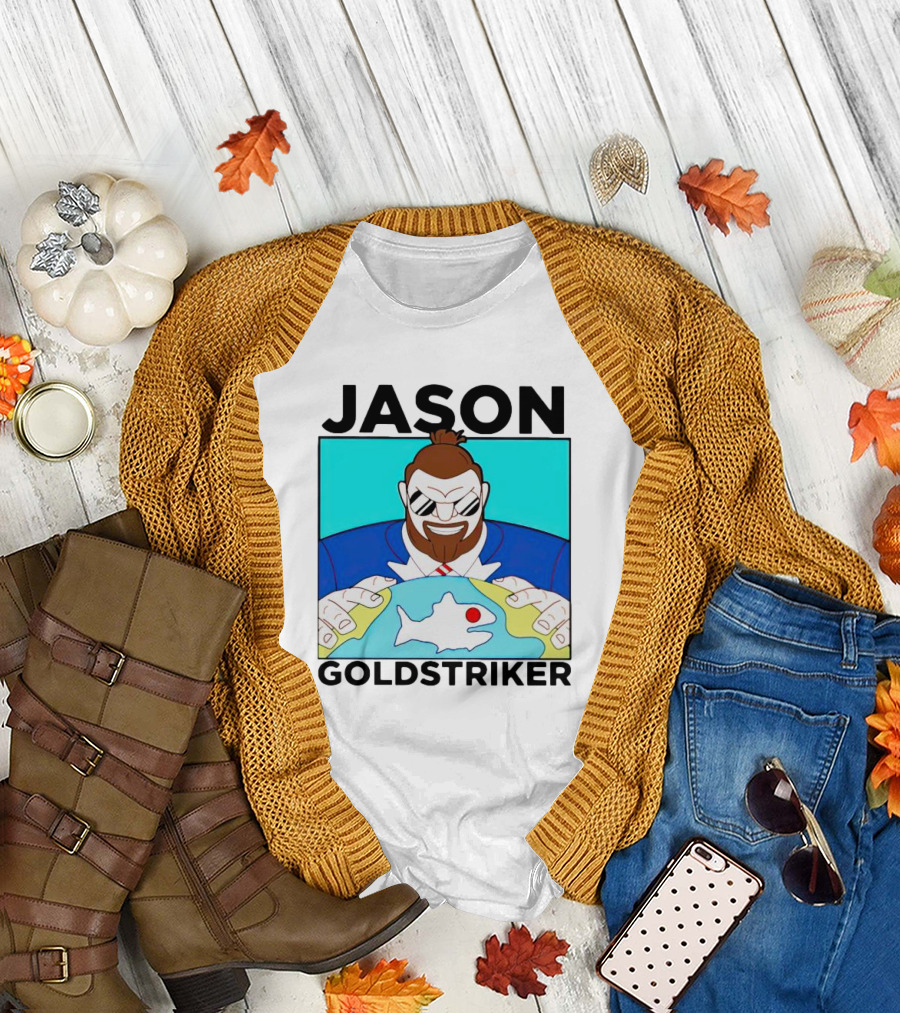 JASON GOLDSTRIKER Bold Character Holding Map with Red Marker T-Shirt