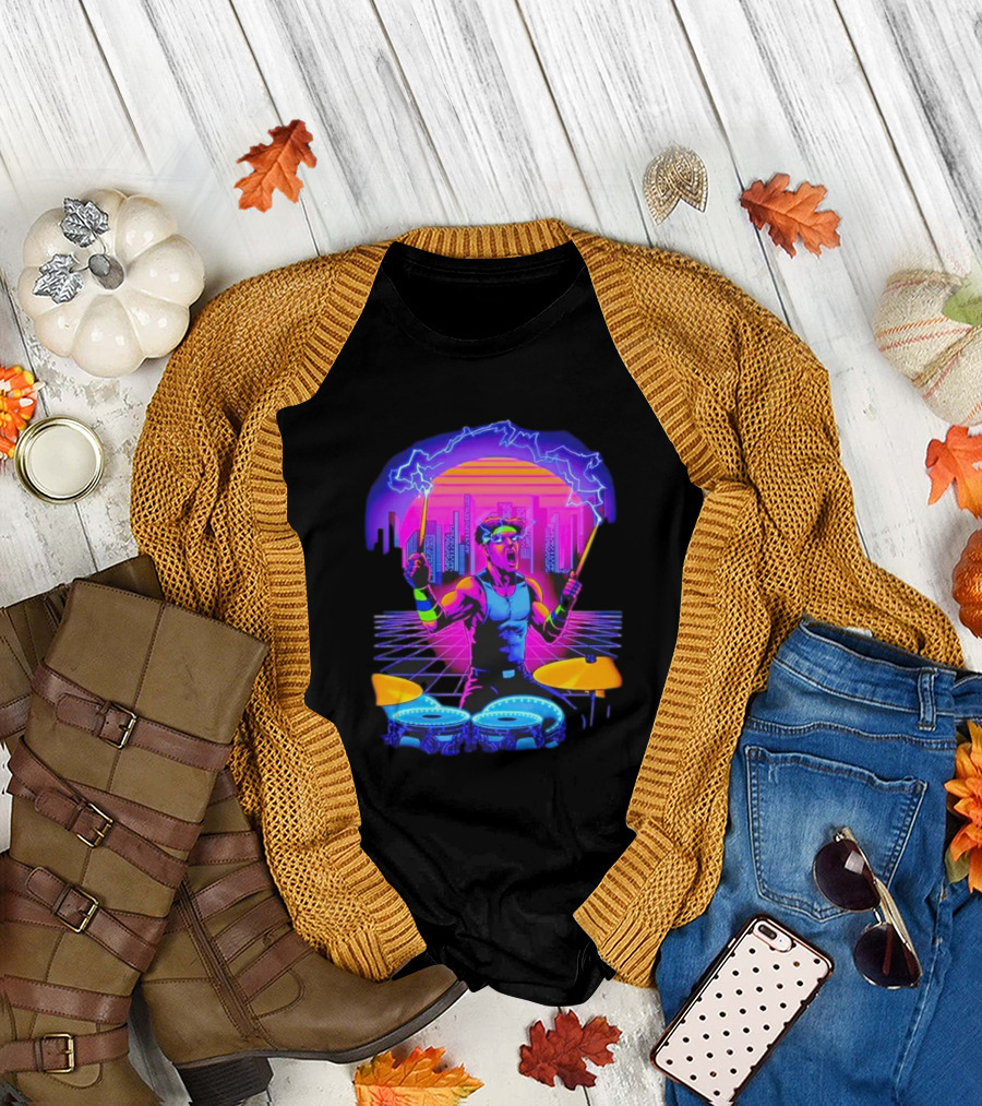Drumatron Neon City Electric Drummer in Retro Futuristic Skyline T-Shirt