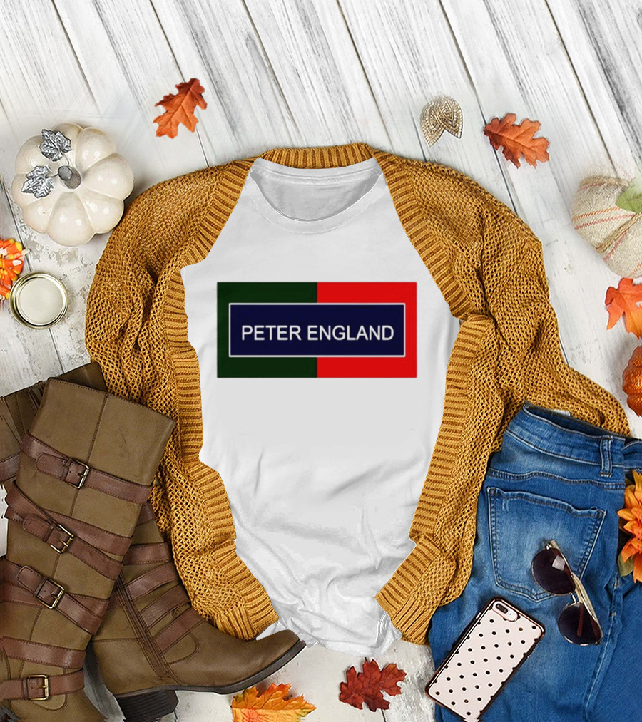PETER ENGLAND Black Background Rectangular Logo with Green and Red Blocks T-Shirt