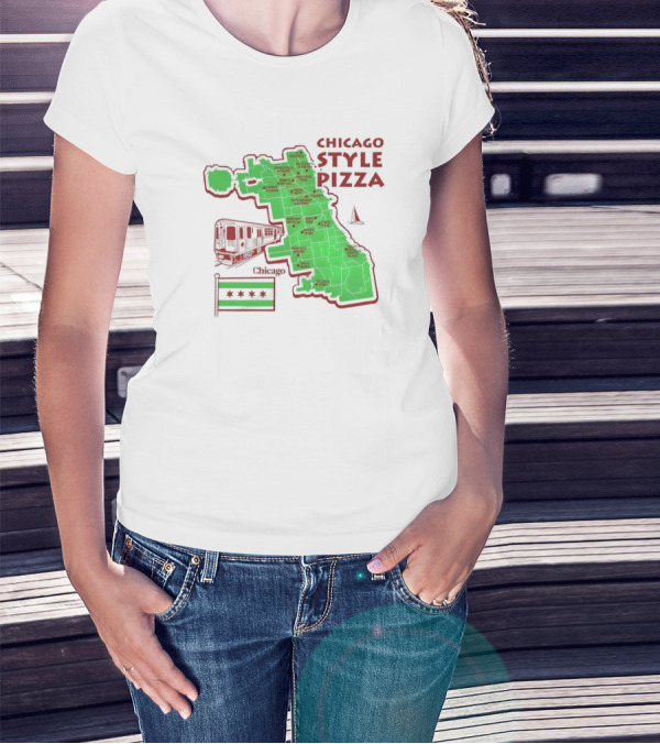 Chicago Style Pizza Map With Train And City Flag T-Shirt