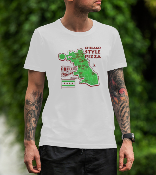 Chicago Style Pizza Map With Train And City Flag T-Shirt