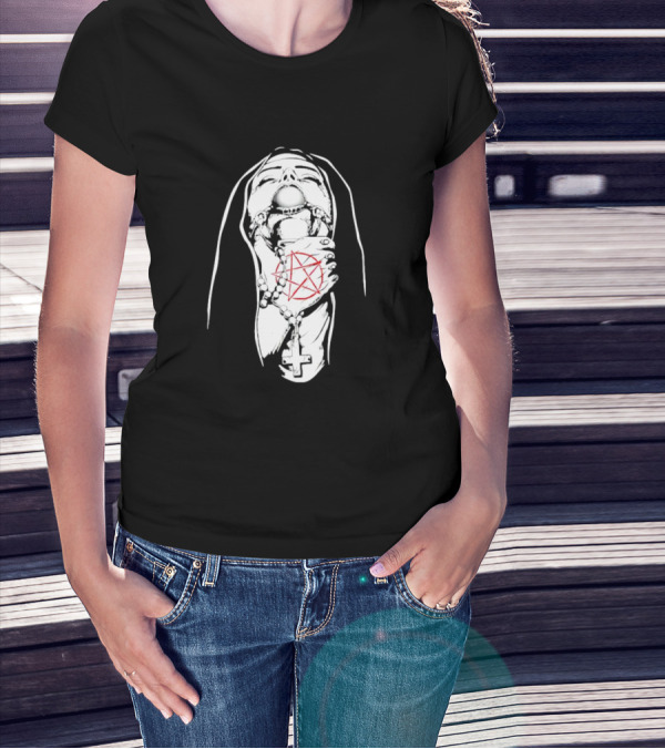Nun In Chains With Rosary And Red Pentagram T-Shirt