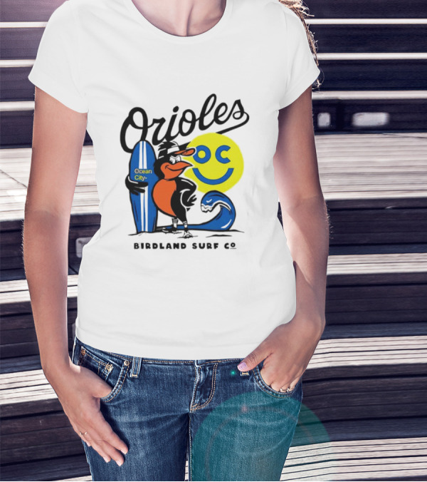 Orioles Ocean City Birdland Surf Co Smiley Surfboard Wave T-Shirt