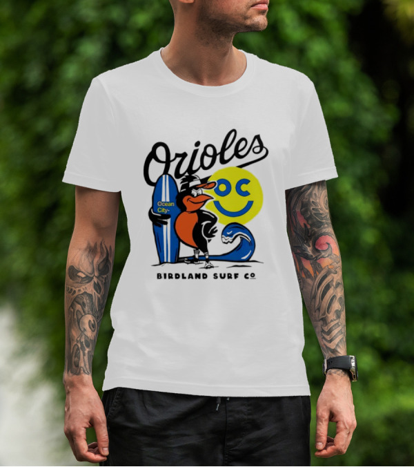 Orioles Ocean City Birdland Surf Co Smiley Surfboard Wave T-Shirt