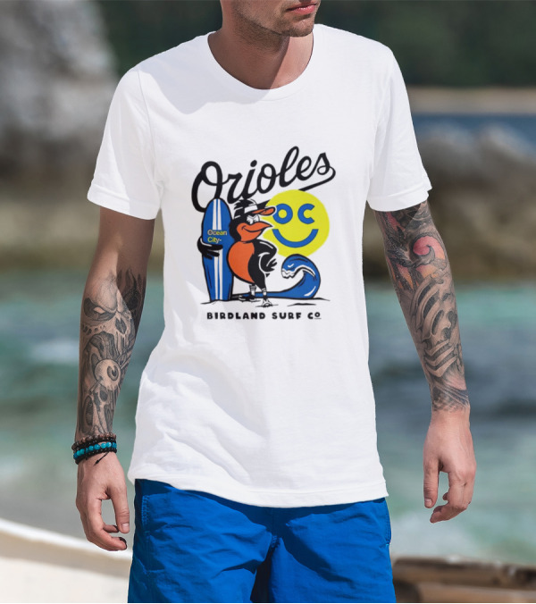 Orioles Ocean City Birdland Surf Co Smiley Surfboard Wave T-Shirt