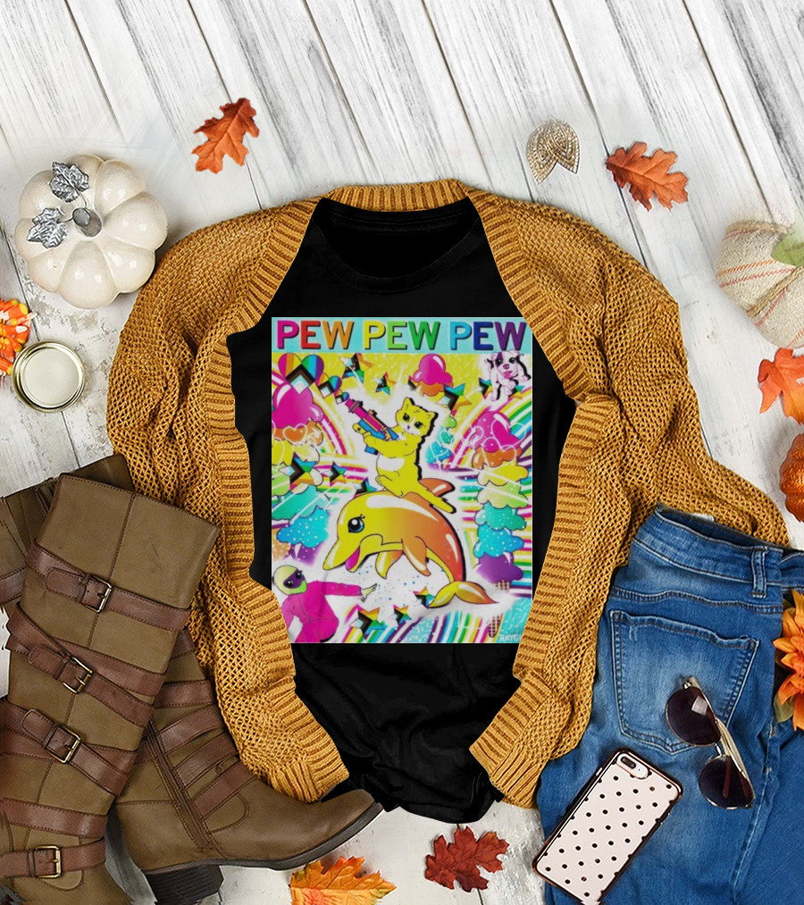 Pew Pew Pew Rainbow Cat Riding Dolphin with Stars and Hearts T-Shirt