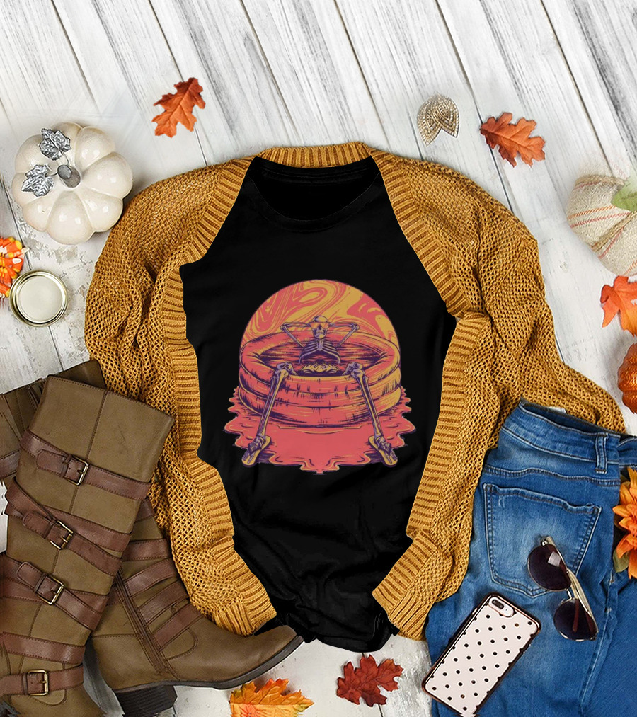 Skeleton Relaxing in Vibrant Psychedelic Kiddie Pool T-Shirt