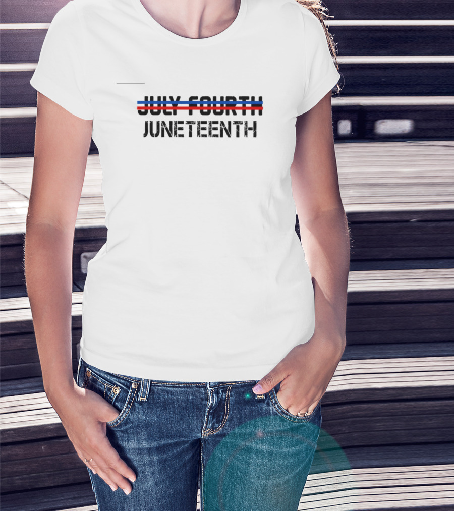 July Fourth Strikethrough With Juneteenth Text And Red Blue Lines T-Shirt