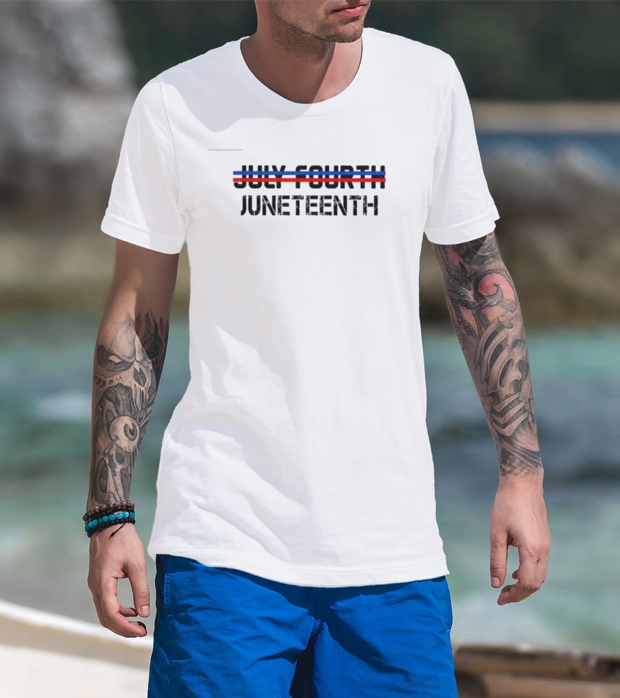 July Fourth Strikethrough With Juneteenth Text And Red Blue Lines T-Shirt