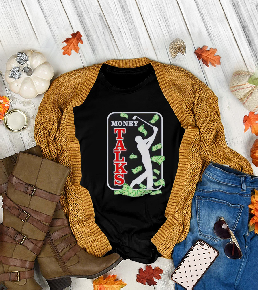 Money Talks Golfer Silhouette Surrounded by Dollar Bills T-Shirt
