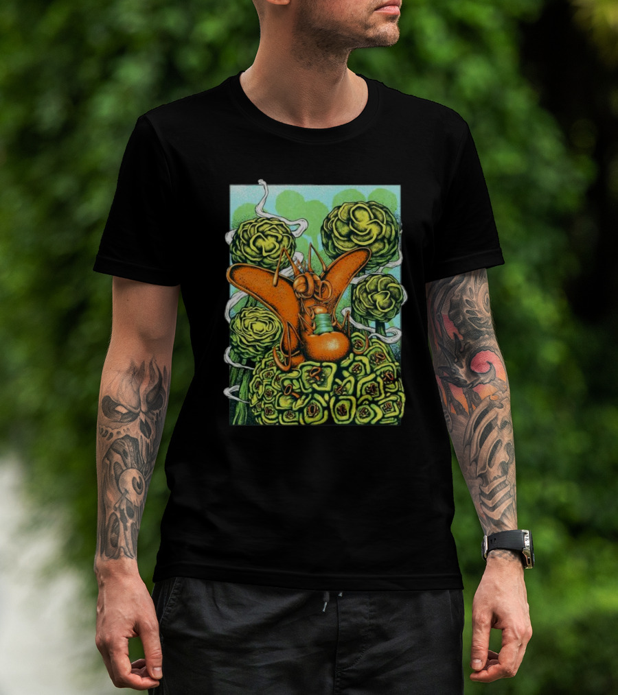 Chill Fly On Vibrant Green Floral Background T-Shirt