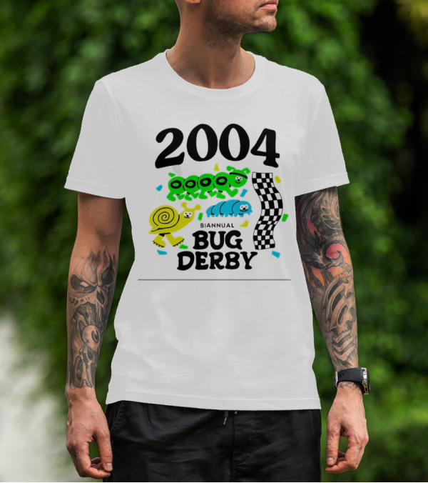 2004 Biannual Bug Derby Colorful Cartoon Caterpillars With Checkered Flag T-Shirt