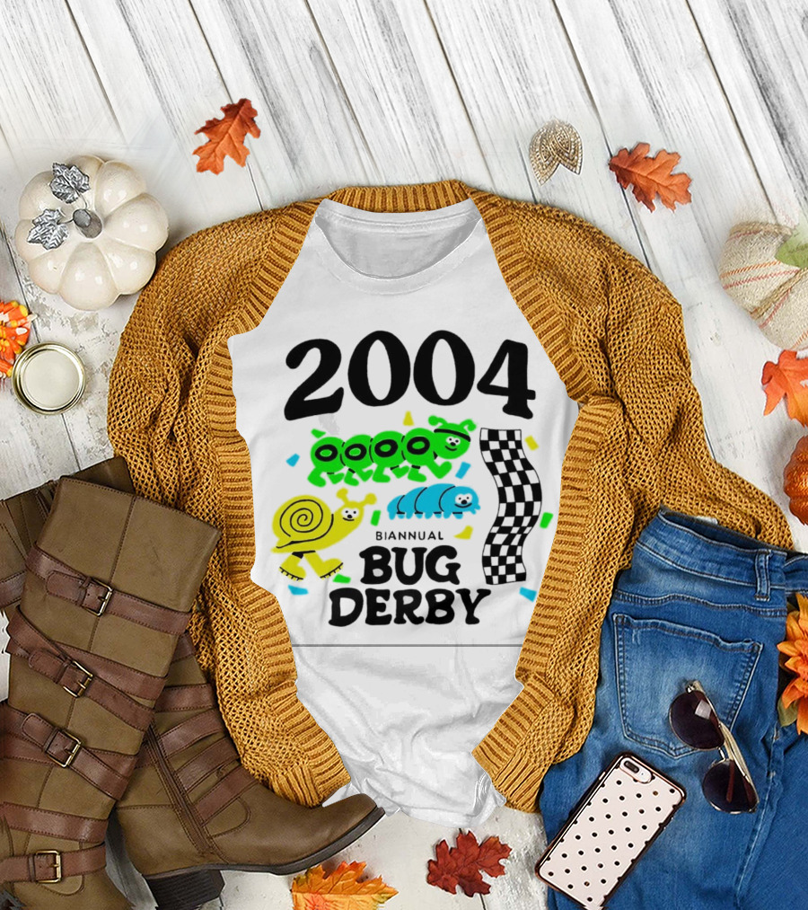 2004 Biannual Bug Derby Colorful Cartoon Caterpillars with Checkered Flag T-Shirt